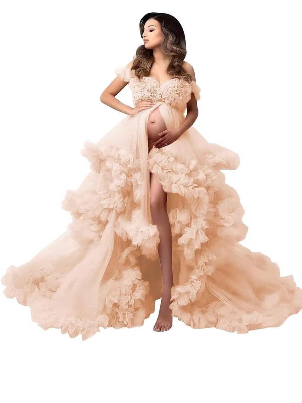 Elegant Peach Ruffle Maternity Gown Photo Shoot Tulle Baby Shower Bridal Gown